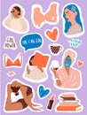 Vector stickers set. Female cartoon badges with.